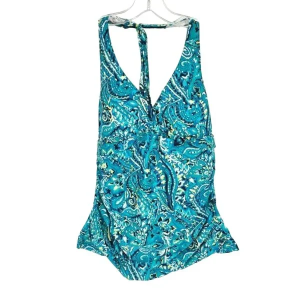Chaps 12 Blue Green Yellow Abstract Paisley Neck Tie Padded Tankini Swimsuit Top - Picture 1 of 11